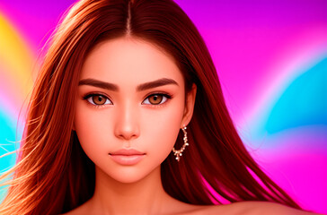 Fototapeta premium a woman with long hair and earrings in her ears, with a rainbow background. Generative AI.