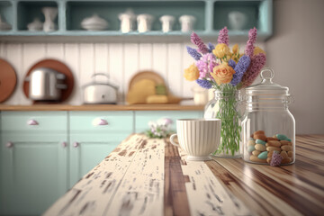 Wooden Table Top on Blurred Kitchen Room. Tabletop on blurred kitchen counter room background. Generative Ai.