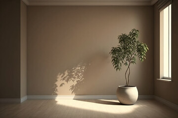 Empty Room Interior Background Beige Wall with Plant on Pot. Generative AI.