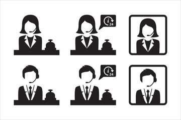 Receptionist icon. Hotel customer service vector icons. Help and information call center sign. Front officer desk waiter symbol. Stock illustration.