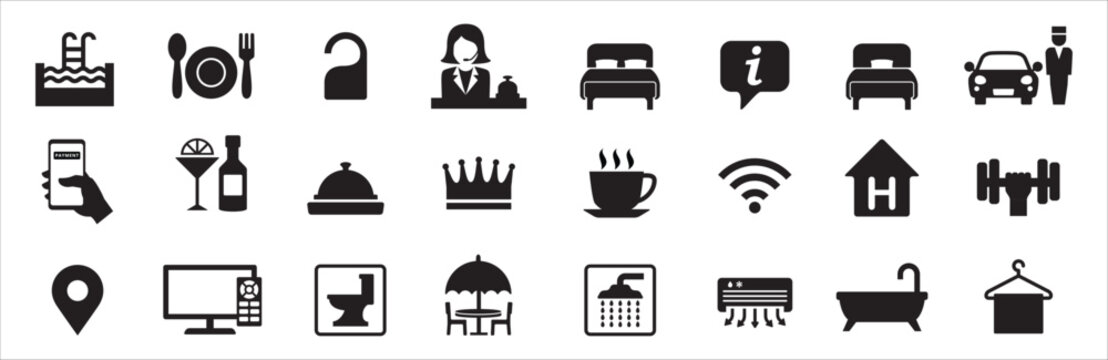 Hotel facilities and service icon set. Home stay facility and feature icons. Travel and tourism sign. Contains symbol of receptionist, parking valet, single bed size, bath tub. Vector illustration.