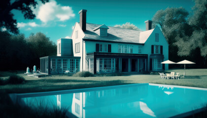 Dream house with pool in blue filter. Generative AI. 