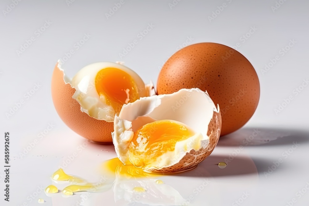 Poster broken egg on a plain white surface created with generative ai technology