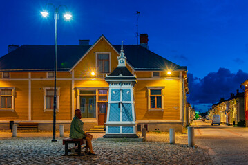 Sunset view of a small square in front of the Rauma Art musem in Rauma, Finland - obrazy, fototapety, plakaty