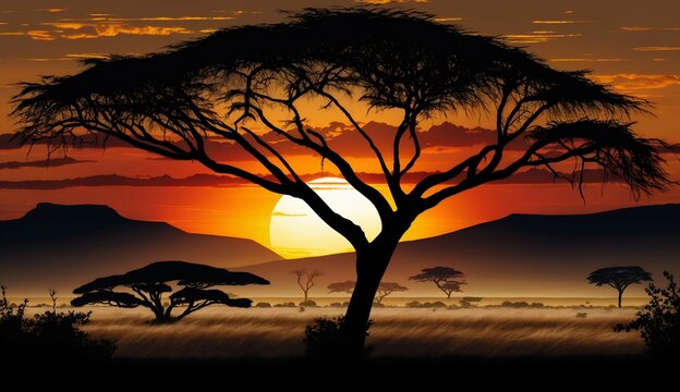Serengeti savannah sunrise landscape. Generative AI