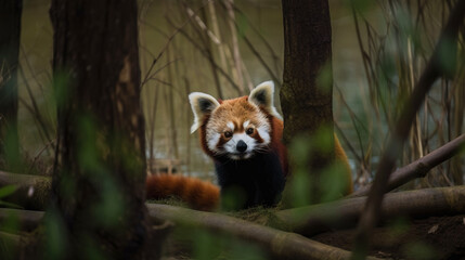 wildlife red panda in the forest between trees - cinematic shot 