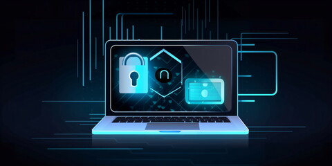 Cyber-Sicherheitskonzept mit Laptop- und Vorhängeschloss-Symbol - mit KI erstellt 
