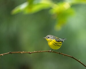 Selective focus shot of a magnolia warbler perched on a wooden tree branch