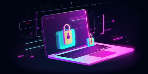 Cyber-Sicherheitskonzept mit Laptop- und Vorhängeschloss-Symbol in Neon Farben  - mit KI erstellt 
