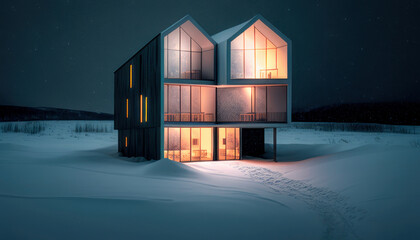 Modern house on a snowy night. Generative AI