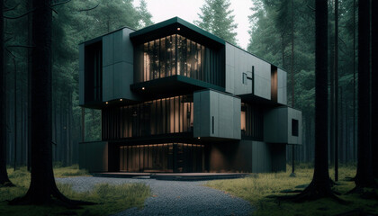 Modern house in the forest by day. Generative AI