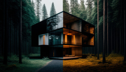 Modern house in the forest by day. Generative AI