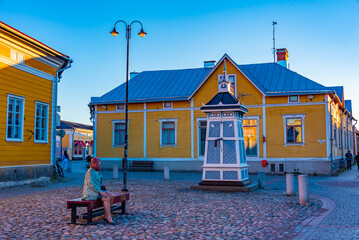 Sunset view of a small square in front of the Rauma Art musem in Rauma, Finland - obrazy, fototapety, plakaty