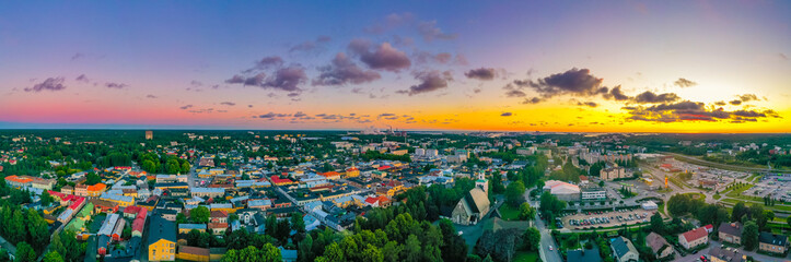 Sunset panorama of the holy cross church and Finnish town Rauma