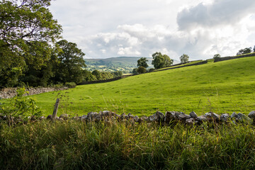 Pasture fenced with a stone wall against the background of forest and hills under a cloudy sky