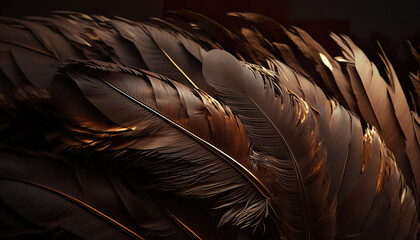 Goose feathers background brown plume wings texture. Feathers in macro. Brown goose feathers in the sunlight close up. Realistic 3D illustration. Creative AI