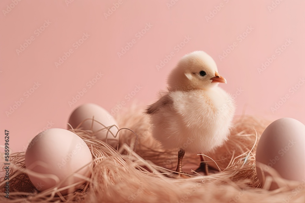 Poster cute bird perching on a mound of colorful eggs created with generative ai technology