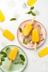 Vertical top view shot of mango ice cream popsicles on pastel-colored plates with ice.