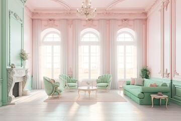 Fototapeta premium Interior, domestic modern room, minimalistic design in pink and mint green shades, AI generative
