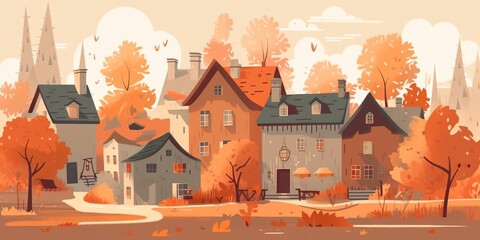 Scandinavian village, little town in Autumn, warm orange and dark green colors, AI generative flat illustration, cartoon in watercolor style