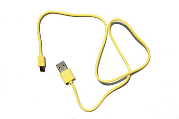 yellow USB cable on white background. USB and USB-mini cable connectors close-up. A patch cable or patch cord or patch lead.