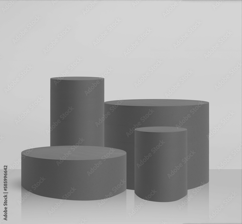 Poster grayscale of cylindric podiums of different sizes for a product presentation