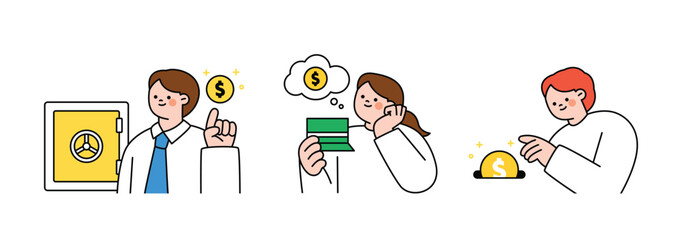 Finance and people, accounts for household economic growth, investment plan management. Safe deposit box, bankbook, put money. Vector illustration.