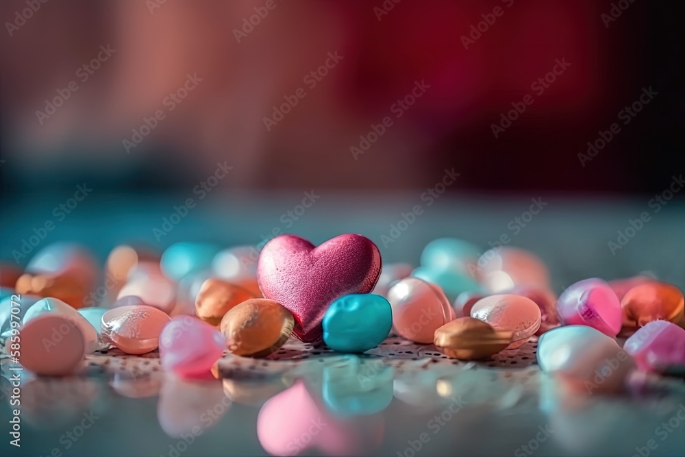 Aufkleber heart-shaped candy on a wooden table against a blurred background created with generative ai technol