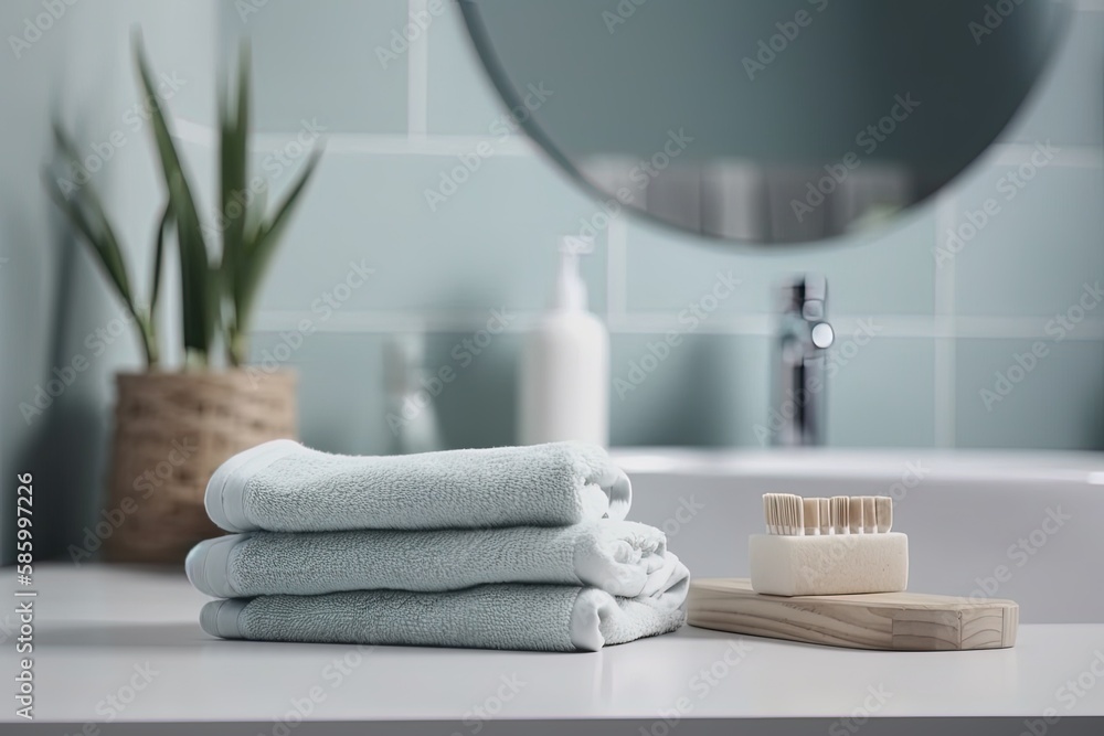 Poster neat stack of towels on a bathroom countertop created with generative ai technology