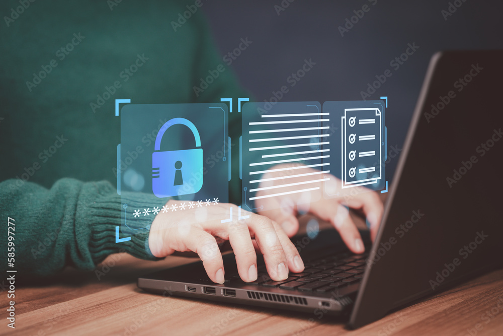 Poster Man typing login the computer laptop. Secure encryption and access to the user's private information to access the internet. Cyber security and data protection from hackers, the digital crime concept.