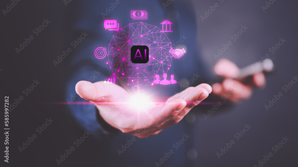 Poster Businessman using technology smart robot AI, artificial intelligence by enter command prompt for generates something. Financial management, smart industry, chat, bank, Ai technology, cloud computing.