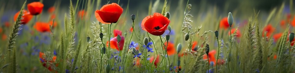 Fototapeta premium Panoramic banner with red poppy and blue cornflowers on meadow in summer, horizontal border of adorable wild flowers, AI generative