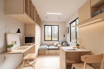 Fototapeta na wymiar Tiny house or studio flat, simple, minimal wooden decor muji style in warm colors, AI generative
