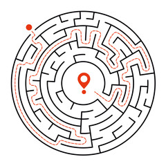 Circle Maze with Solution. Labyrinth with Entry and Exit. Transportation and Logistics Vector Illustration. Find the Way Out Concept. 