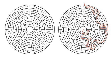 Circular Maze. Puzzle Game labyrinth. with the path marked by the red line. Vector illustration.