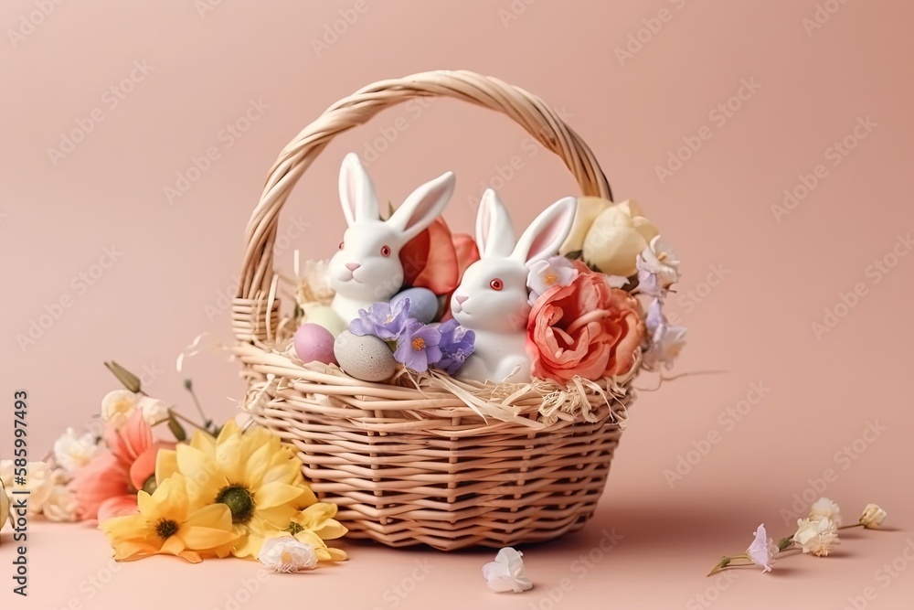 Poster decorative basket filled with artificial springtime elements created with generative ai technology