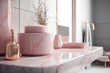 luxurious bathroom vanity with pink marble and gold accents created with Generative AI technology