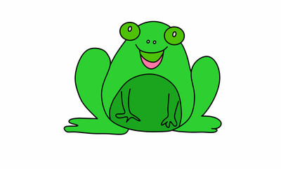 Line art vector illustration. Sitting position frog with big smile in green frog color, isolated on white background