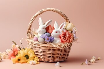 Fototapeta na wymiar decorative basket filled with artificial springtime elements created with Generative AI technology