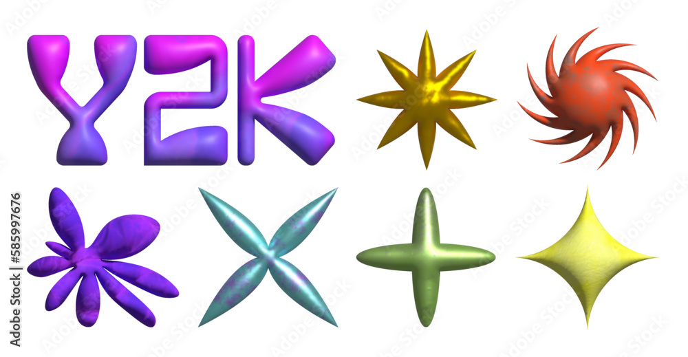Poster Y2k elements, Retrofuturistic volumetric 3D icons, with a blurry effect and different textures. Abstract geometric y2k shapes, 3D icons isolated on white background. Abstract shapes in retro style