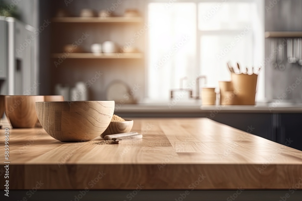 Poster wooden table adorned with bowls and spoons created with generative ai technology