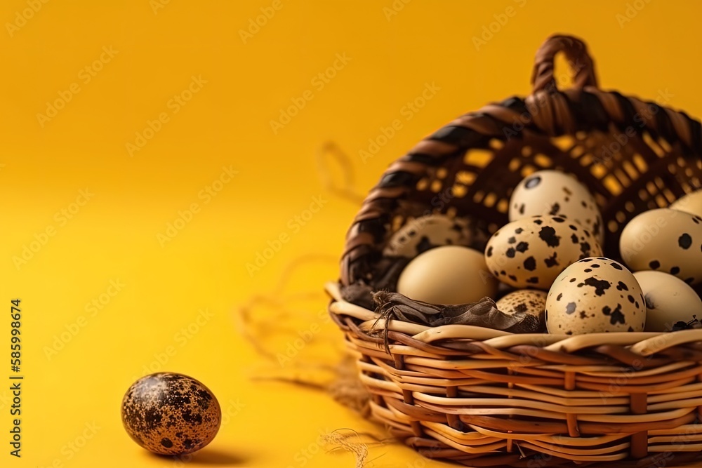 Poster wicker basket filled with fresh eggs on a bright yellow table created with generative ai technology