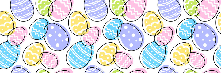 Happy Easter colorful seamless pattern with bright eggs and geometric ornate. Vector illustration.