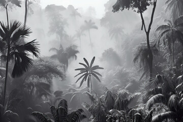 Horizontal wallpaper designed tropical forest and leaves in foggy environment black and white. Generative AI illustrations.	
