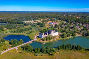 Panorama view of Open-air Museum Jan KarlsgГҐrden and Kastelholm castle at Aland islands in...