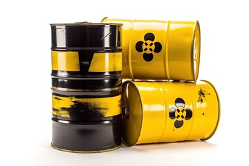 row of yellow industrial barrels lined up in a warehouse or storage area created with Generative AI technology