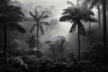 Wallpaper designed tropical forest background with leaves in a foggy environment black and white. Generative AI illustrations.	

