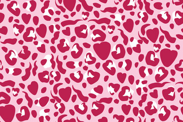 Abstract seamless pattern with heart leopard print. Bright pink and white stains like wild animal fur on light pink background