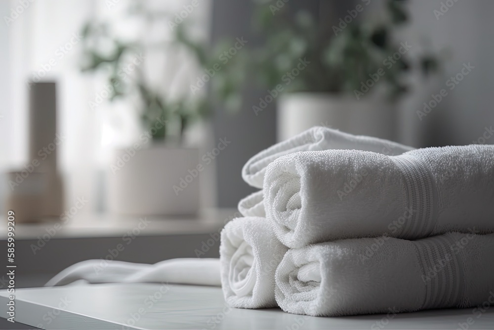 Poster neat stack of white towels on a countertop created with generative ai technology