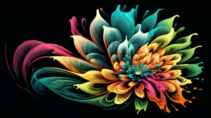 Abstract multi-colored flower design with black background